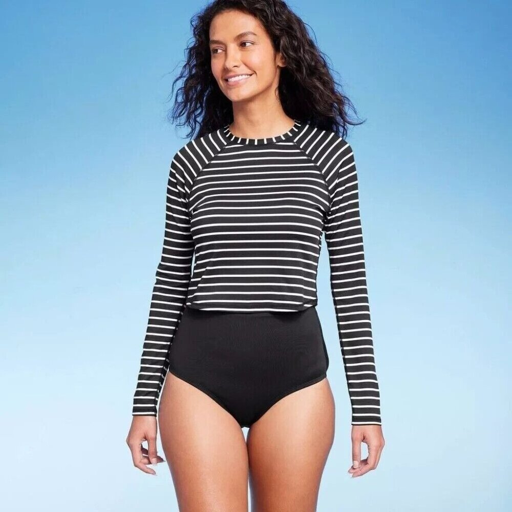 Kona Sol Large 12-14 Black & White Striped LS Cropped Rash Guard Swim Shirt